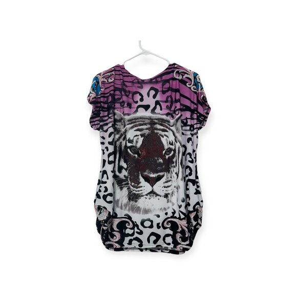 Fashion Unbranded Women Rhinestones Tiger Print Top SZ M Stretch Polyester - Picture 7 of 9